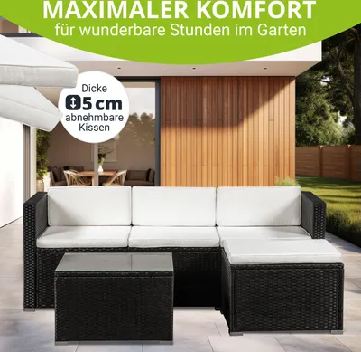 Produktbild von Juskys Polyrattan Lounge Punta Cana M schwarz – Gartenlounge Set für 3-4 Personen – Sitzgruppe mit Sofa, Tisch & Hocker - Sitzbezüge in Creme