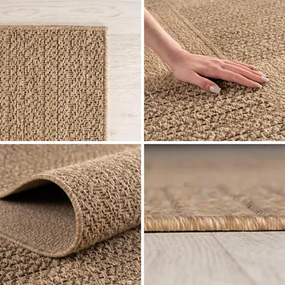 A collage of four close-up images showcasing the texture and details of a woven rug, with one image featuring a hand touching the rug.