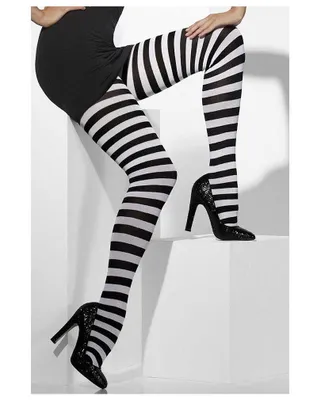 Produktbild von Schwarz Weiß Gestreifte Strumpfhose – Damen Kostümstrumpfhose im auffälligen Ringel Look – 1 Paar Einheitsgröße – Für Halloween Fans & Karneval Liebhaber – Ideal für Fasching, Mottopartys & Cosplay