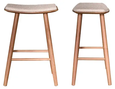 Produktbild von 2er-Set Hocker aus massivem Teakholz mit Bouclé-Sitzfläche, 65 cm
