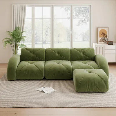 Produktbild von Modulsofa L-Form grün, 3-Sitzer Sofa Chenille mit Fußstütze. Rahmenloses Design, rutschfeste Unterseite, 281x171x76 cm