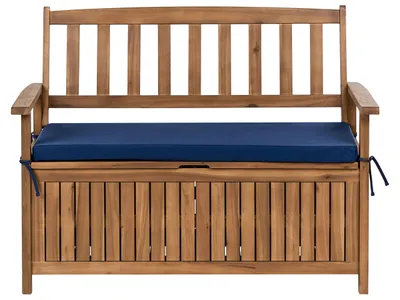 Obrázek produktu pro BELIANI Zahradní lavička akátové dřevo úložný prostor 120 cm modrý podsedák 3místná rustikální styl exteriér