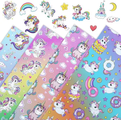 Imagen del producto de Papel de regalo con unicornios, 4 diseños coloridos, 50x70 cm, ideal para niños y cumpleaños