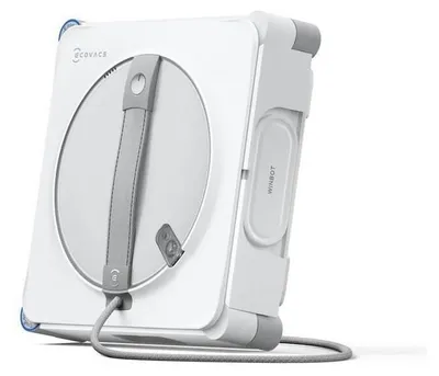 A white and gray window cleaning robot is shown from a side angle against a white background.