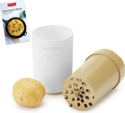 A Betty Bossi potato grater set with a potato and a recipe booklet.