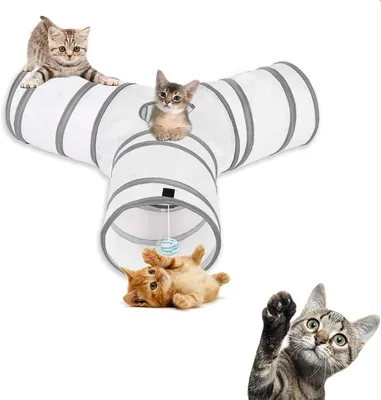 Produktbild von Katzenspielzeug Katzentunnel und Katzenwürfel, Faltbar, 3-Wege, Für Katze, Welpe, Kätzchen, Weiß