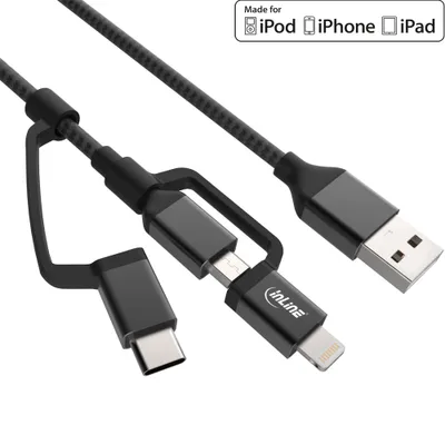 Produktbild von InLine 3-in1 USB Kabel, Micro-USB/Lightning/USB-C, schwarz/Alu, 1m MFi, 1,5 m, USB A, Micro-USB B, Stecker, Stecker, Schwarz