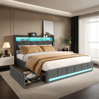 Immagine prodotto di Letto matrimoniale 160x200 - Letto imbottito - Letto contenitore - Letto con illuminazione a LED - Grigio - 4 cassetti contenitori