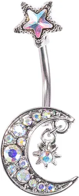 Produktbild von Mode Frauen Mond Stern Bunte Strass Nabel Ring Körper Piercing Schmuck-Silber