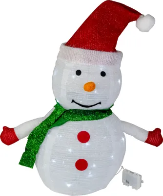 A 3D illuminated snowman decoration with a red hat and green scarf.
