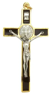 Benediktus Kreuz, handemailliert, 12 cm, braun-gold, mit Ring
