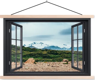 Produktbild von MuchoWow® Textilposter Aussicht - Berge - Gras 60x40 cm mit holzfarbenen Rahmen - Bilder