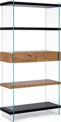 Produktbild von Bücherregal 90x39x180cm aus Glas und MDF in Holzoptik und schwarz mit Schubladen