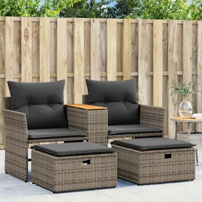 Produktbild von vidaXL 2-Sitzer Gartensofa, Poly Rattan, Grau, Outdoor, mit 2 Hockern & 6 Kissen, integrierter Ablage, abnehmbarem & waschbarem Bezug. Maße: Sofa 142x62x69 cm (LxBxH), Hocker 53,5x53,5x30 cm (BxTxH)