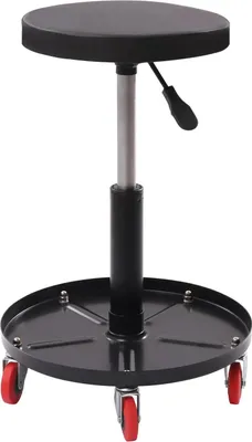 Image de Tabouret d'atelier pneumatique - Tabouret à roulettes pour mécaniciens - Rotation à 360° - Réglable en hauteur de 44 à 56 cm - Plateau de rangement Ø 38 cm - Charge maximale : 136 kg - Noir