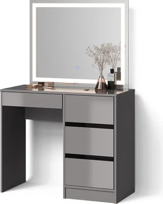 A modern gray vanity table with a large LED mirror and drawers.