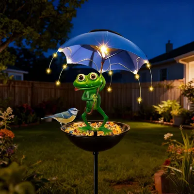 Image de Décoration de jardin à énergie solaire : grenouille, mangeoire, décoration de jardin avec parasol, figurine de grenouille solaire avec éclairage LED pour le jardin, la terrasse, la pelouse, l'étang et la cour