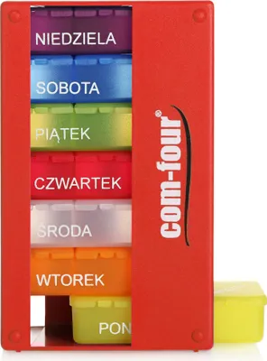 Obrázok produktu pre COM-FOUR® dávkovač liekov pre poľský trh – škatuľa na lieky na 7 dní – 3 priehradky – dávkovač tabletiek – škatuľa na tablety – týždenný dávkovač na skladovanie [POĽSKÝ JAZYK]