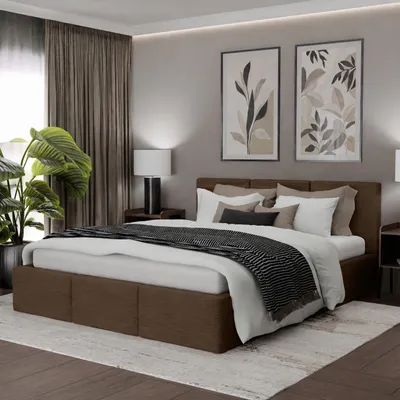 A bedroom scene featuring a bed with bedding, bedside tables, lamps, and artwork on the wall.