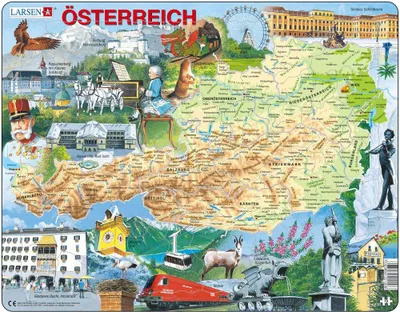 Produktbild von Larsen Puzzle Österreich (topographische Karte) mit typischen Motiven des Landes 72-tlg.