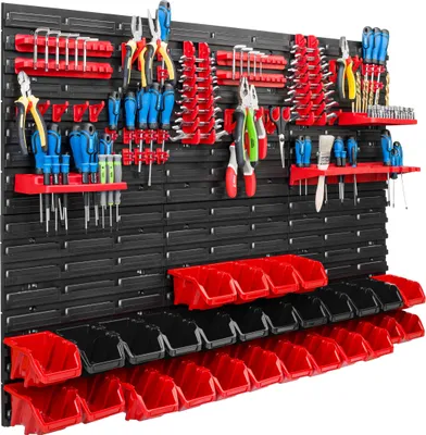 Immagine prodotto di Sistema di stoccaggio Scaffale da officina | 117 x 78 cm | 28 pezzi. Scatola | Scaffale a muro con supporti per utensili e contenitori impilabili - Pannelli a muro Scaffale extra forte Scaffale forato per utensili Scaffale da magazzino Scaffale da garage