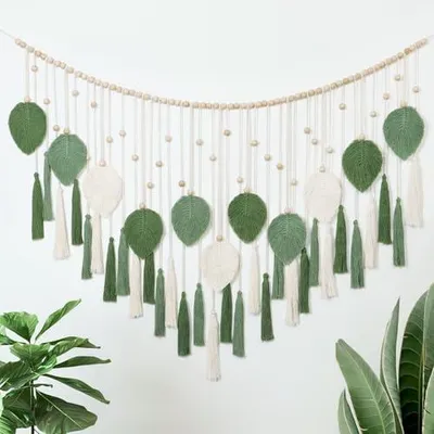 Produktbild von Dremisland Große Makramee Wandbehang Beige Grün Blätter Quaste Wandteppich mit Holzperlen Handgefertigte Tapisserie Wandbehang Wandteppiche Boho Wanddeko Schlafzimmer Wohnzimmer Kinderzimmer, 130x80cm