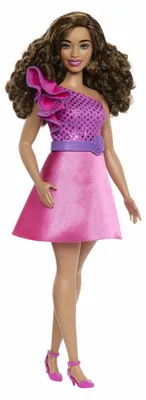Produktbild von Barbie Fashionistas Puppe #225, kruvige Körpergröße mit braunem Haar, glitzerndem Kleid in Pink und Zubehörteilen, sammelbare Modepuppe zum 65. Jubiläum, HRH22