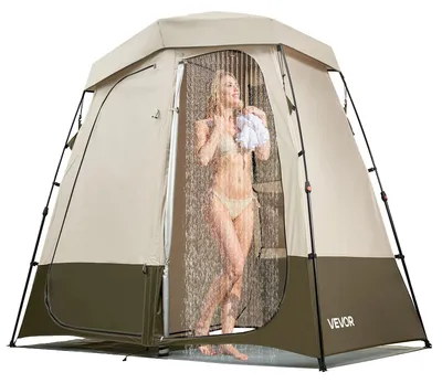 Image de Tente de douche VEVOR à 2 pièces, tente toilettes (250 x 122 x 218 cm) avec protection visuelle, tente vestiaire avec piquets, cordes, sac de transport et barre transversale, en tissu Oxford 150D pour le camping, la plage et la pêche, couleur kaki