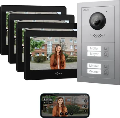 Produktbild von GOLIATH Basic 2-Draht BUS Türsprechanlage | FullHD | App | 150° | 4 Fam | Silber/Schwarz | Unterputz