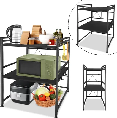 A collage of images showing a black 3-tier kitchen shelf with various kitchen items, including a microwave, kettle, rice cooker, and basket of vegetables. Inset images show the shelf from different angles and a close-up of its construction.