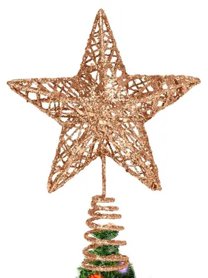 Image de Sommet d'arbre de Noël, étoile, paillettes, 3D, métal, couleur champagne, 20 x 15 cm