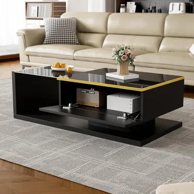 Immagine prodotto di MODFU Tavolo da conferenza moderno, 100 cm, con tavolino laterale e illuminazione LED a 16 colori, tavolino da divano con finitura lucida e design elegante, piano in vetro, ampio spazio di archiviazione, colore nero