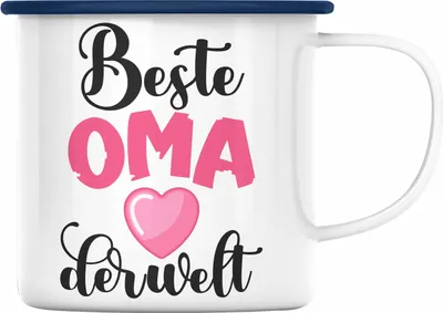 Produktbild von Trendation - Für Die Beste Oma Der Welt Emaille Tasse Geschenk Geschenkidee Von Enkel Enkelin Herz (Blau)