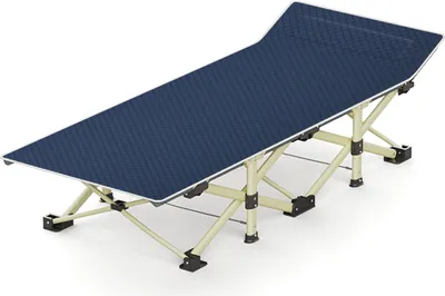 A blue camping cot on a white background.