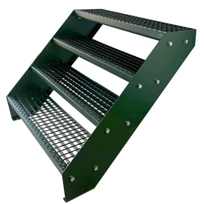Produktbild von Gitterrost Stahl Wangentreppe 4 Stufen Verzinkt & Grün Pulverlackiert - (L x B x H) 82cm x 80cm x 76cm