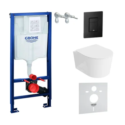 Produktbild von GROHE Vorwandelement Solido + Wand Hänge WC Loso Weiß Spülrandlos + WC-Sitz SoftClose | Schwarzer Knopf | Komplettset | Unterputz Spülkasten |  Toilette Komplett Sett