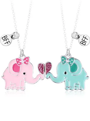 Produktbild von Bixorp Friends BFF-Halskette für 2 mit Elefanten – silberfarben – rosa und blau – magnetische Freundschaftskette – zwei Hälften beste Freunde – Freundschaftsgeschenk für zwei