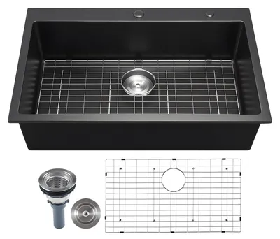 Produktbild von VEVOR 76 cm Küchenarbeitsplatz mit Spüle, Unterbau-Granitspüle, Einbau-Einzelbecken Bauernhausbecken mit mehreren Zubehörteilen, Haushaltsgeschirrspülen für Wohnmobile, Vorbereitungs-Küche und Bar (Schwarz), 838x559x222 mm