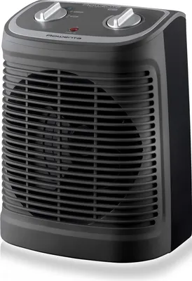 A dark gray Rowenta electric heater is shown from a three-quarter angle against a white background.