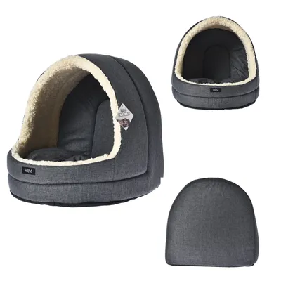 Produktbild von HiPet® Katzenbett / Haustierbett mit Wendekissen, Waschbar, Rutschfester Boden & Teddy-Stoff, Grau, Ideal für Katzen und Kleine Hunde - 42x45x44 cm