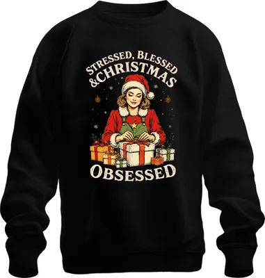 Obrázek produktu pro Stressed Blessed Christmas Obsessed Christmas Gift Vintage Uni mikina, černá, L