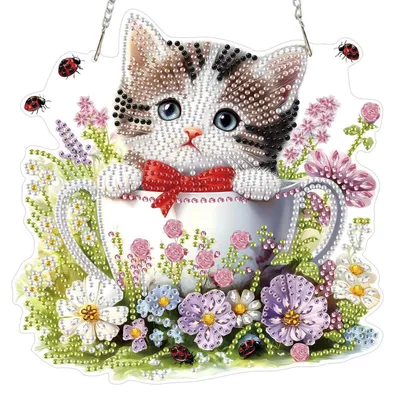 Produktbild von 5D Diamant Malerei Hängendes Ornament Teetassenkatze 19.3x19.1cm Grün Weiß Lila
