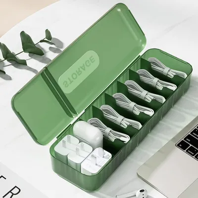 Produktbild von Große Kabel-Organizer-Box, 7-Gitter-Kabel-Ordentlich-Box mit 2 offenen Deckeln, Aufbewahrungsbox für Ladestecker, Kabelmanagement-Box - 12 klassifizierte Aufkleber + 10 Kabelbinder