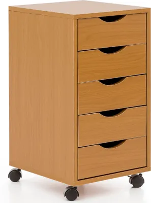 Produktbild von Rollcontainer WL5.924 33x64x38cm Buche MDF-Holz | Schreibtisch-Container Rollschrank 5 Schubladen | Moderner Schubladencontainer mit Rollen | Standcontainer Bürocontainer Beistellcontainer