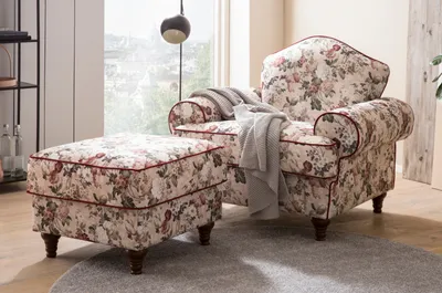 Produktbild von Sessel Set "Elita" in creme Landhaus Blumen Design Loungesessel inklusive Hocker