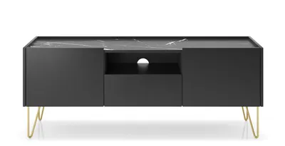 Zdjęcie produktu dla Nowoczesna Szafka RTV Komoda Glamour Czarny Grafit Mat Złote Nogi 144 cm