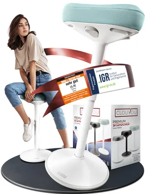 A woman is sitting on a mint-colored CLOUVOU Nexus ergonomic office stool, with promotional stickers and product boxes in the background.
