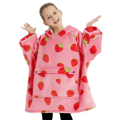 Productafbeelding van Kinderhoodie-deken met aardbeienprint, met mouwen, fleece, 75 cm, geschikt voor kinderen van 6-10 jaar