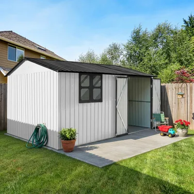 Produktbild von Clinvia Metall-Gartenschuppen 362x285cm, 10,34m², wetterfest mit Schloss & Fenster, weiß-Braun