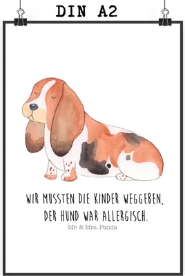 Produktbild von Mr. & Mrs. Panda Bild Hund Basset Hound DIN A2 - Weiß - Geschenk, drucke, Süß, Lustig, Kunstdruck, wanddeko, Wandbild, Plakat, Sprüche